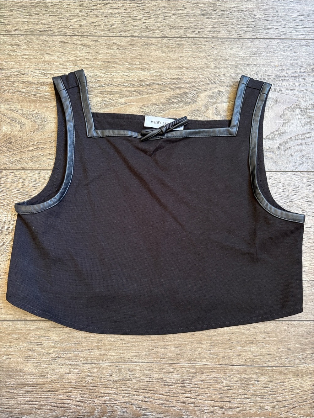 WeWoreWhat Black Square-Neck Cropped Linen Tank Top w Faux-Leather Trim Revolve